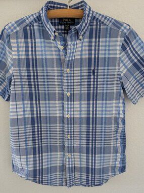 POLO Ralph Lauren BOYS Size L (14-16) Blue White Plaid Short Sleeve Button Down